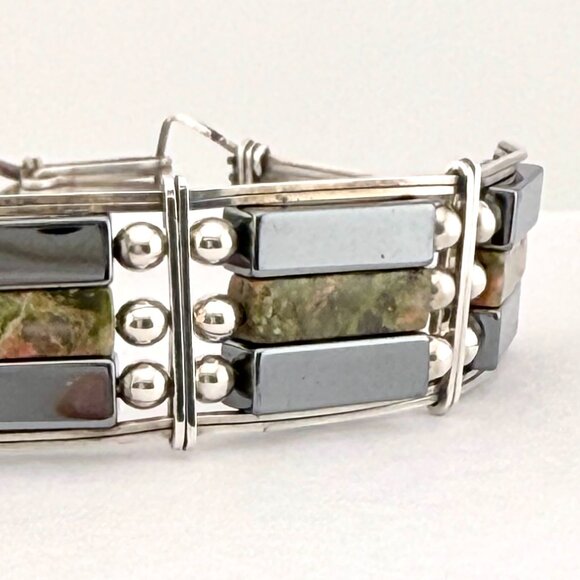 Vintage Sterling Silver Agate and Hematite Bracelet – 7" Artisan Design - Picture 3 of 15